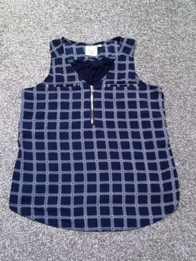 Navy Windowpane Zip-Front Sleeveless Tank Top